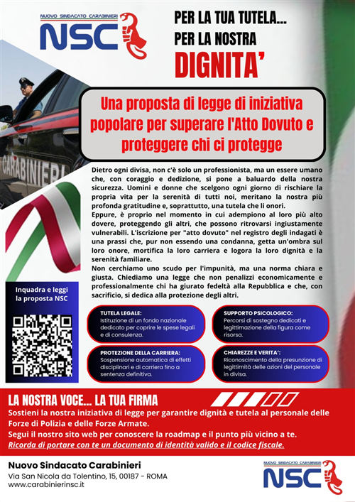 Proposta di Legge di Iniziativa Popolare â€œDisposizioni per il superamento dell'Atto Dovuto e per la tutela del personale delle Forze di Polizia e delle Forze Armate nell'esercizio delle proprie funzioniâ€